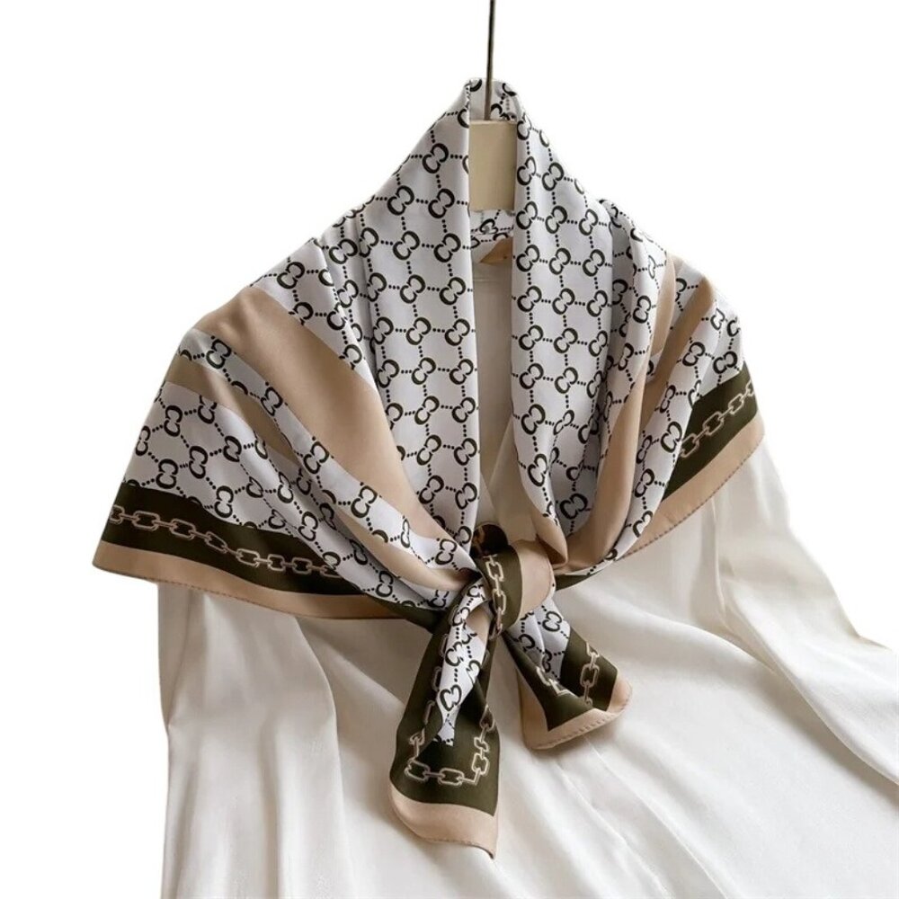 2/$30 Silk Feeling Beige White Brown Chain Print Square Scarf